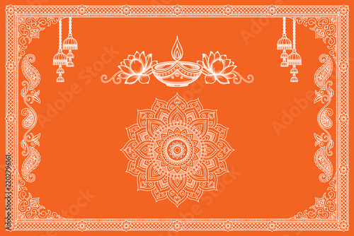 Orange Deepavali Greeting Card Background with Traditional Indian Mandala and Lotus Art