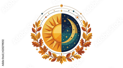 A circular emblem featuring a sun and moon split design surrounded by autumn leaves.