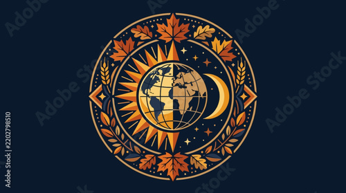 Decorative circular emblem featuring a globe with sun and moon elements surrounded by autumn leaves.