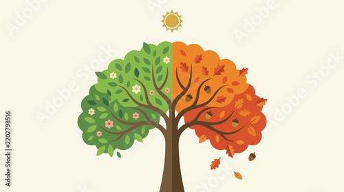 Conceptual illustration of a tree showing the transition from spring to autumn seasons.