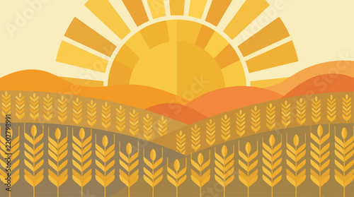 Stylized vector illustration of a golden wheat field under a bright summer sun.