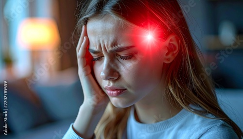 Woman suffering from a severe migraine headache touching her painful temple in a dimly lit room.