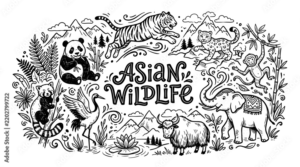 Obraz premium Asian Wildlife Hand Drawn Illustration
