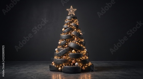 Creative Christmas tree made of stacked car tires decorated with glowing lights and baubles