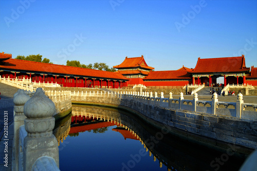 Forbidden City palace complex with canal reflection in Beijing, China