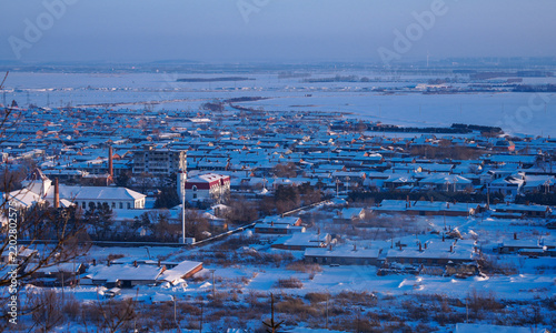 Snow Covered Panorama of Wudalianchi Town in Winter, China