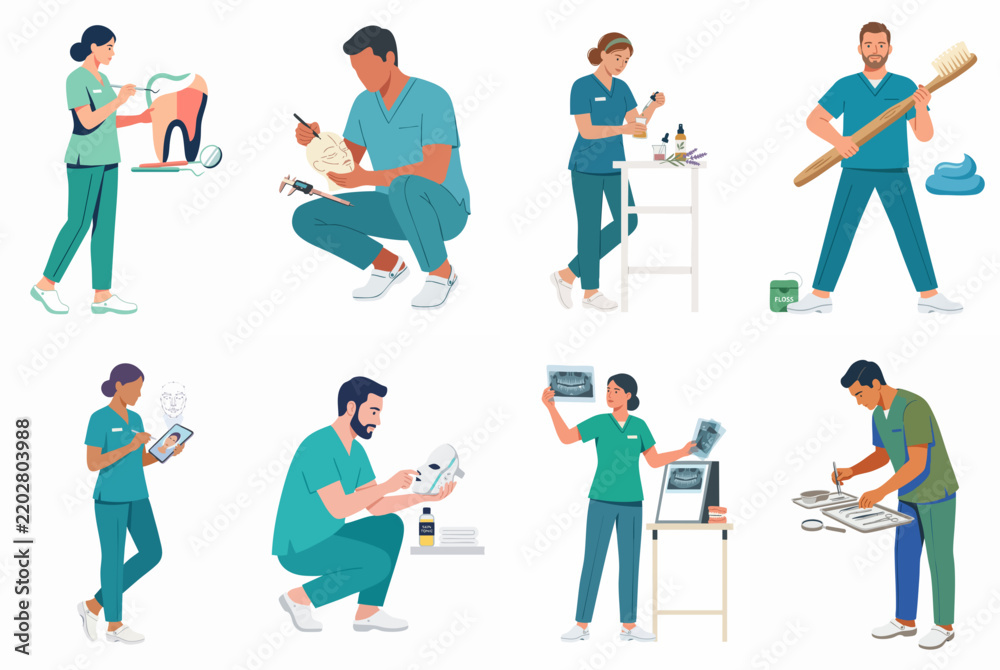Fototapeta premium Collection of vector flat illustrations featuring diverse dental professionals performing various tasks related to oral healthcare, equipment maintenance, and patient record management.