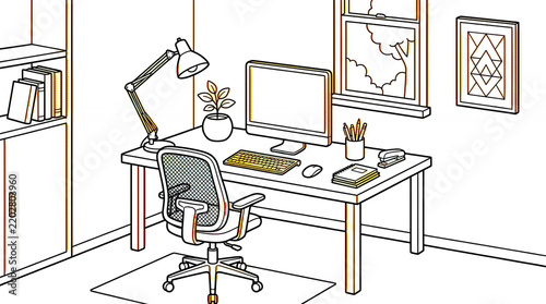 Detailed line art home office setup with desktop computer