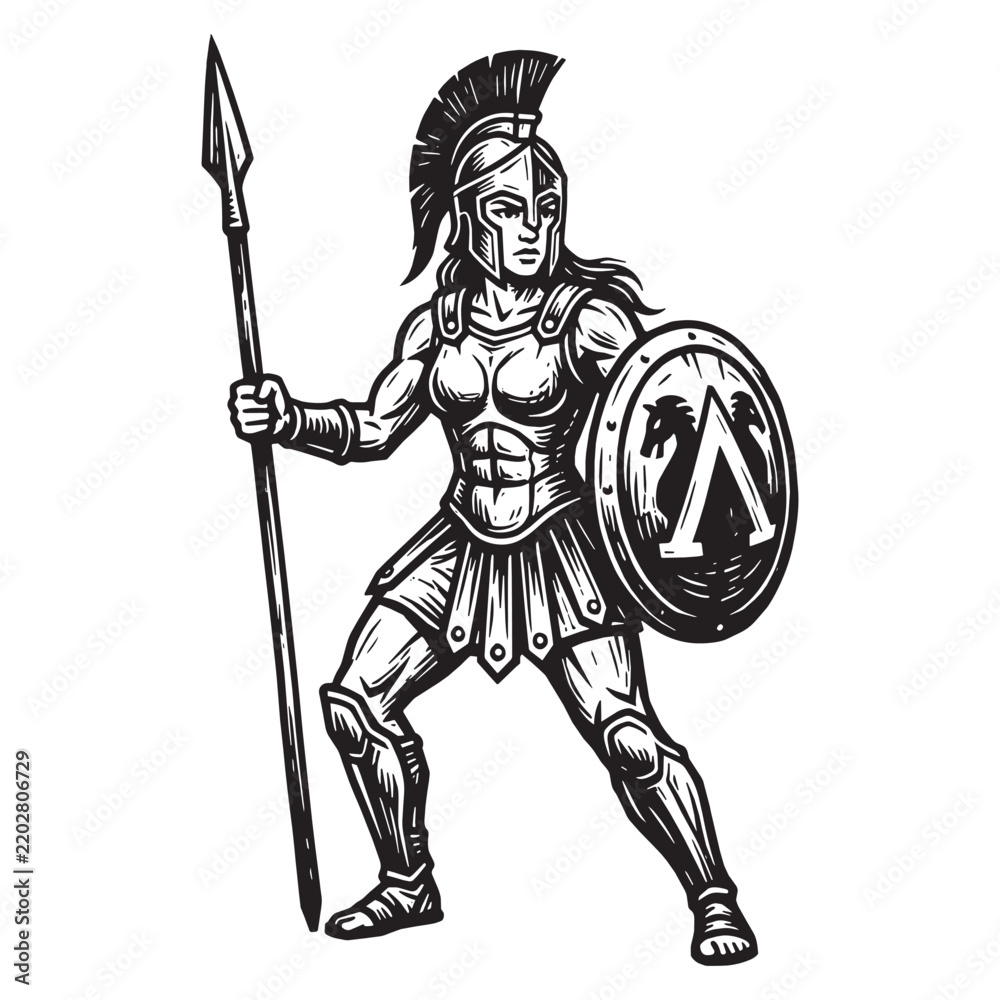 Fototapeta premium Woodcut engraved relief carved printmaking illustration of an ancient Greek Spartan female warrior wearing armor and holding a spear and shield.