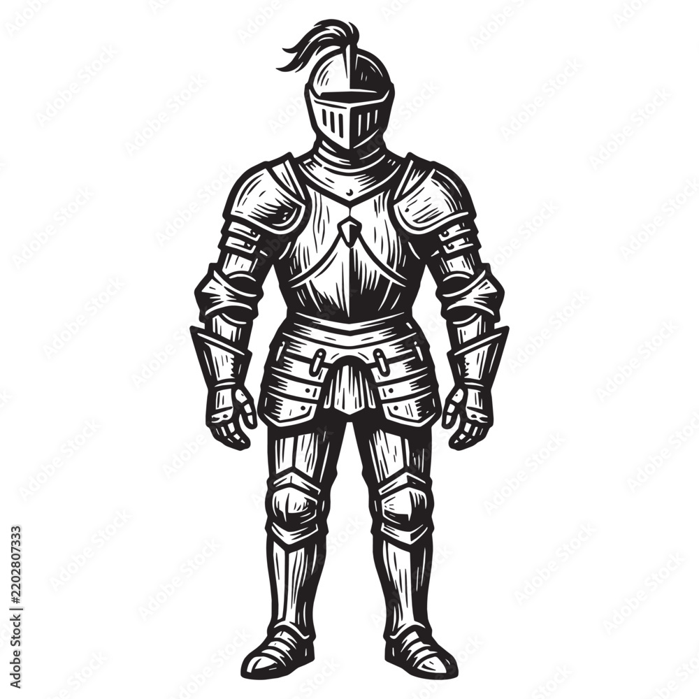 Fototapeta premium Medieval Knight in Full Plate Armor: Engraved Woodcut Printmaking Style Relief Carved Illustration Isolated on White