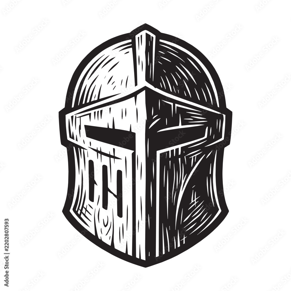 Obraz premium Medieval Knight Helmet Woodcut Engraved Relief Carved Printmaking Illustration