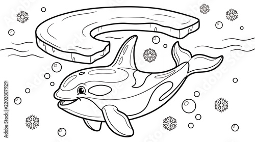 Cute cartoon orca under ice floe coloring page.