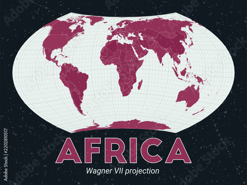 Africa. World map. Wagner VII projection centered to Africa. Pale Mint Dark Pink palette. Vintage texture. Creative vector illustration.
