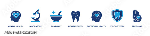 Healthcare Essentials Icons set vector illustration blue with MENTAL HEALTH, LABORATORY, PHARMACY, HEALTHY TEETH, EMOTIONAL HEALTH, STRONG TEETH, PREGNANT