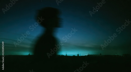 Silhouette of a person gazing at the stars under a twilight sky