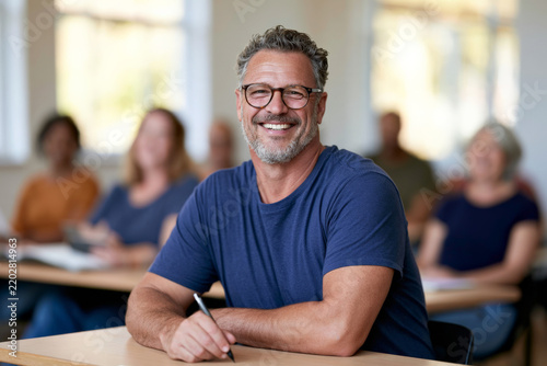 Cheerful mature man studies at a desk in an adult classroom. Continuing education, classroom learning, career skills, student success.