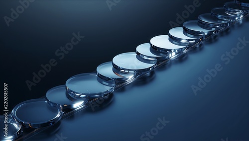 Reflective glass discs forming a sleek, modern blockchain-like chain on a dark, glossy surface, symbolizing secure digital connections and data flow.