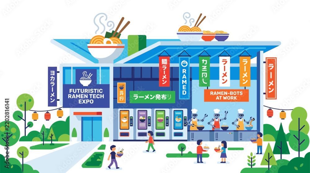 Fototapeta premium Flat Vector Illustration of Futuristic Automated Noodle Shop with Robotic Chefs Cooking Ramen
