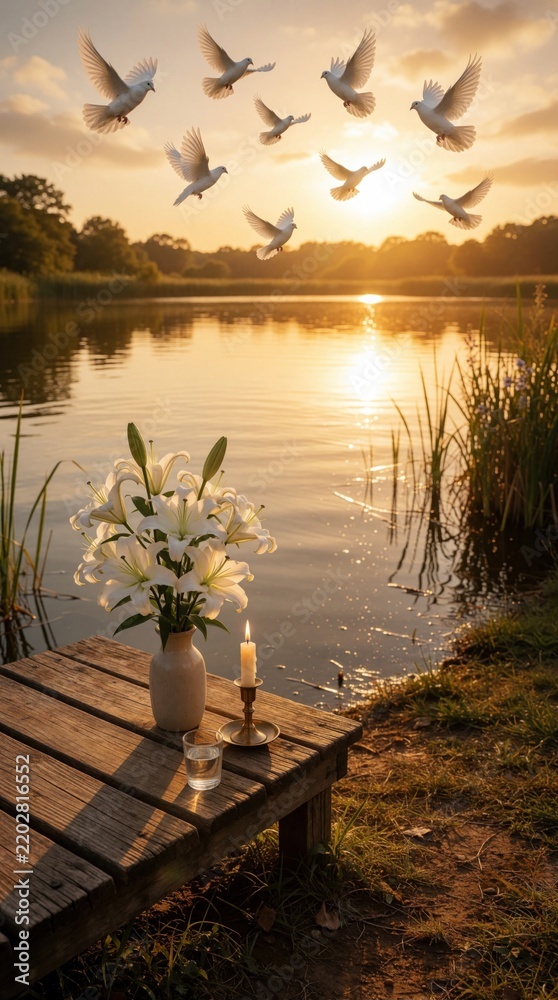 Fototapeta premium White lilies and lit candle sit on rustic table near pond at sunset. White doves fly in sky above water. Scene conveys peace remembrance hope and spirituality.