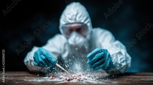 A researcher in a protective suit meticulously analyzes a substance on a table, showcasing the meticulousness necessary for safety and precision in scientific environments.