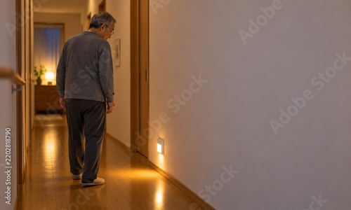 夜間の廊下を足元灯の明かりを頼りに歩く日本人シニア男性と高齢者の転倒予防