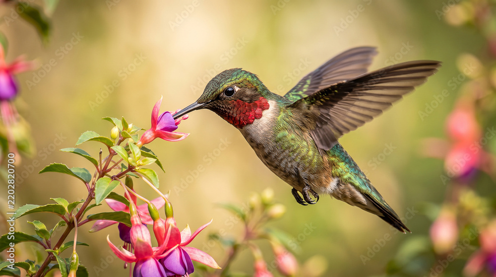 Obraz premium Ruby throated hummingbird hovering in flight feeding on pink fuchsia flower