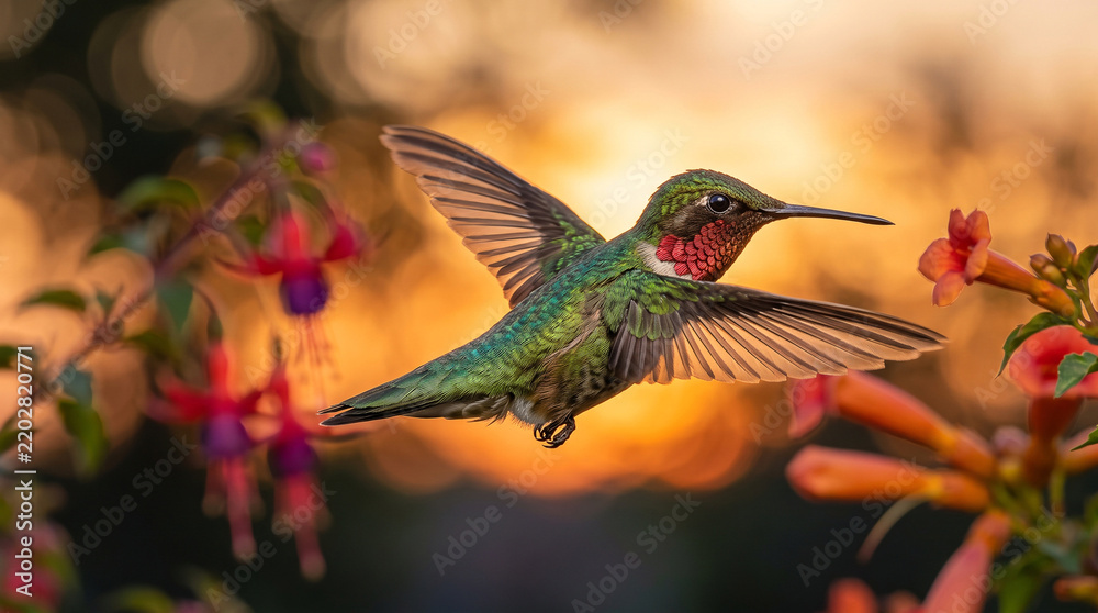 Fototapeta premium Ruby throated hummingbird hovering in flight feeding on pink fuchsia flower