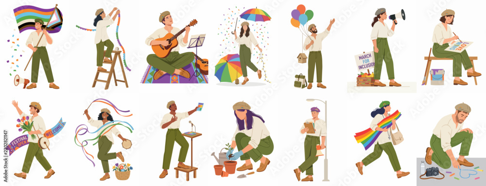 Obraz premium Collection of diverse flat illustrations celebrating Pride Month through activities like art, music, gardening, and activism, featuring rainbow flags and symbols of inclusion.
