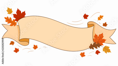 Autumn banner vector illustration with blank scroll and colorful fall leaves for seasonal design