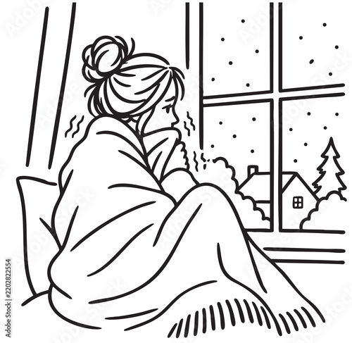 Frozen woman under a plaid blanket, look on winter in window. Minimalist line sketch illustration Stock Vector