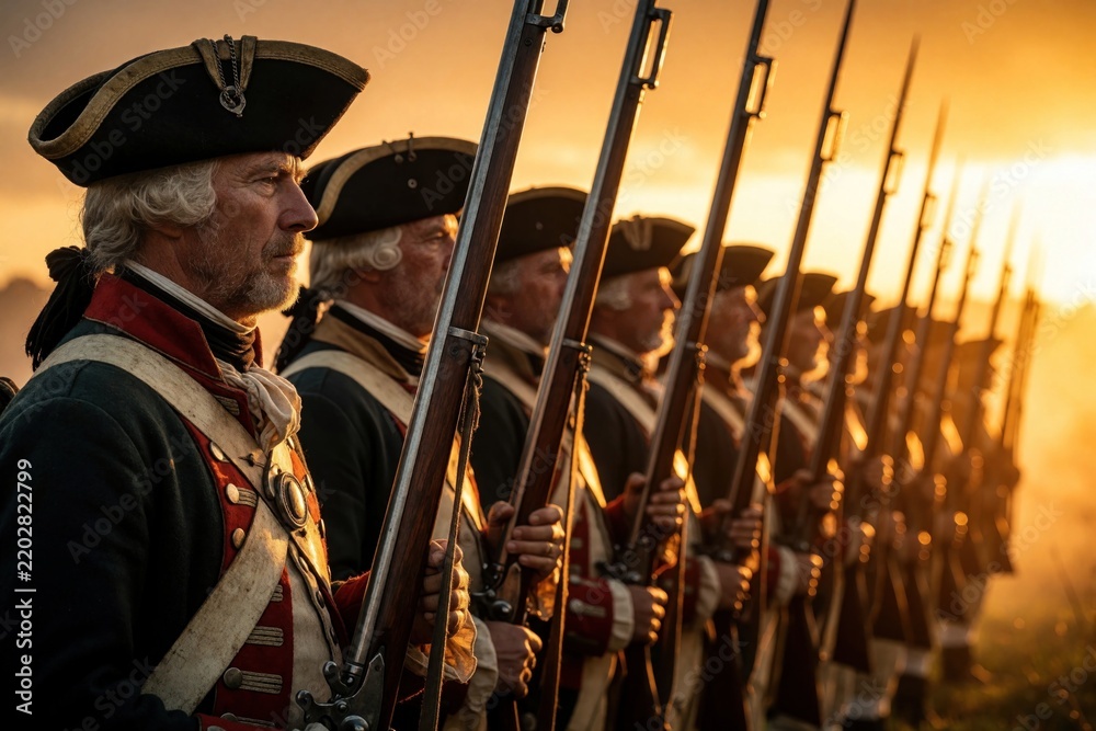 Obraz premium Line of colonial soldiers in uniform with muskets stand at attention at sunset. Men in hats and period clothing form a disciplined military formation outdoors.