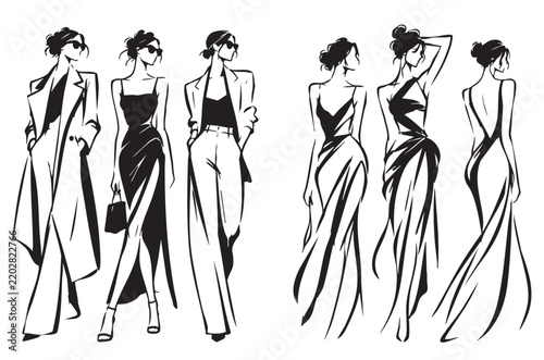 Cartoon abstract fashion models sketch in pants, black Stock Vector
