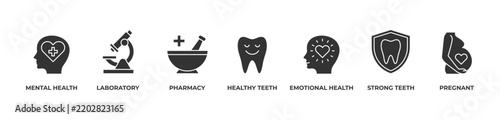 Healthcare Essentials Icons set vector illustration glyph with MENTAL HEALTH, LABORATORY, PHARMACY, HEALTHY TEETH, EMOTIONAL HEALTH, STRONG TEETH, PREGNANT