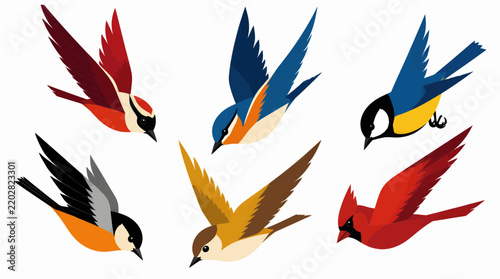 Colorful vector flat illustrations of various flying songbirds and wildlife isolated on a clean white background