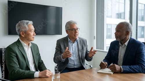 Three business professionals discussing in modern office.