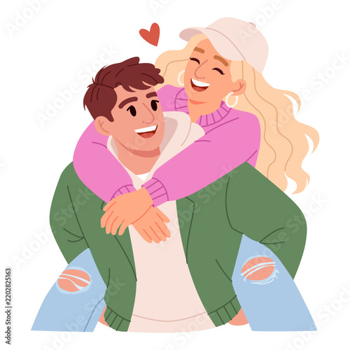 Happy Couple on Piggyback Ride. Playful Romantic Love and Relationship Lifestyle Illustration.