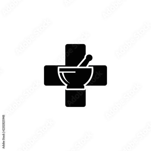 Canvastavla Black pharmacy medical cross sign combined with traditional pestle and mortar bowl icon representing pharmaceutical care