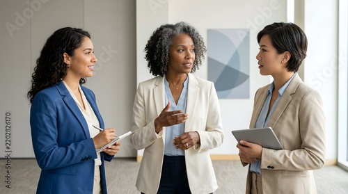 Three professional women discussing in office setting.