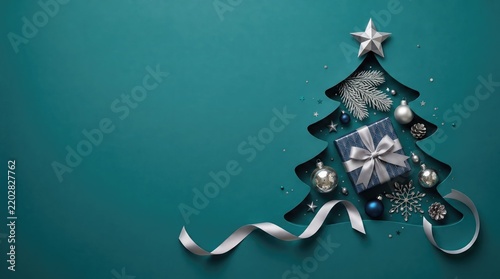 Christmas tree shape with silver ornaments and gift box on teal background