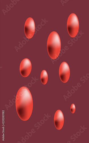 Numerous red elliptical droplets suspended against a maroon background with droplets elliptical background abstract isolated suspension numerous collection variation illustration rendering