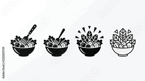Set of four black bowl food and salad silhouette icons.