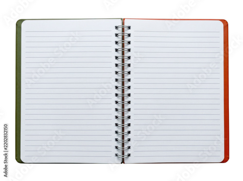 Open spiral notebook with multicolored covers and lined paper isolated on transparent background