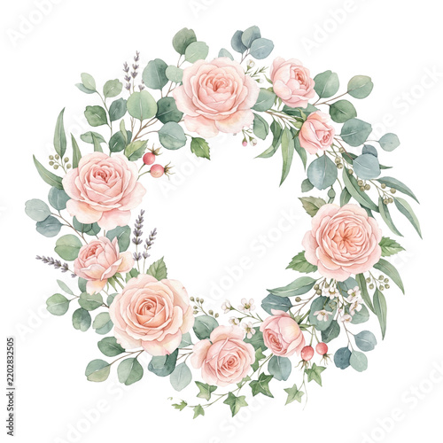  Watercolor illustration of a lush floral wreath with blush pink roses and green eucalyptus
