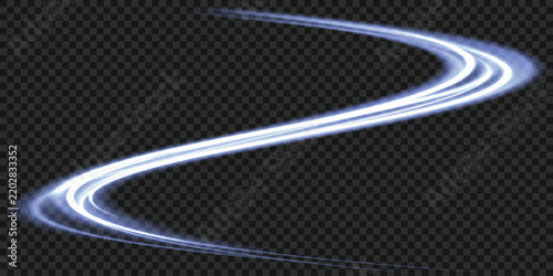 A bright blue light trail with a glowing stream of neon line effect and highlights, a vector graphic isolated on a transparent background.