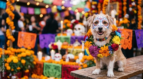 Festive dog with colorful floral wreath and painted face at a vibrant Day of the Dead altar celebration