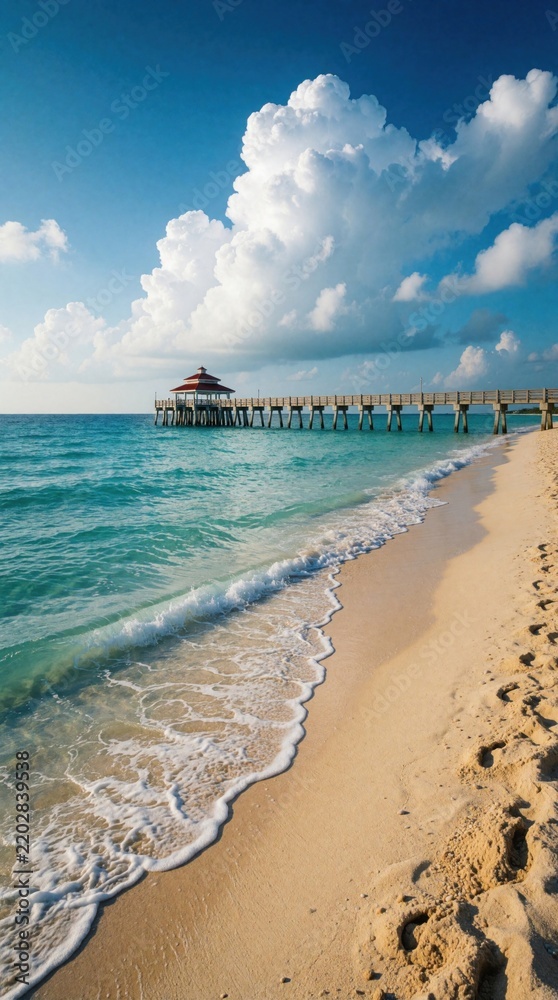 Fototapeta premium Long wooden pier extends over turquoise ocean water toward horizon. Tropical beach with white sand, gentle waves under blue sky with huge white clouds. Serene seascape view of summer coast for