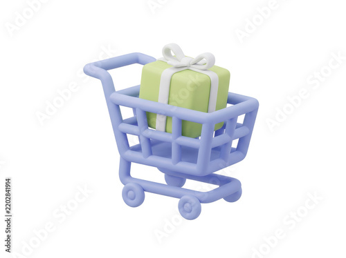 3D render of a blue shopping cart carrying a green gift box with white ribbon, capturing e-commerce reward and holiday sale concepts for online retail marketing and discount promotion.