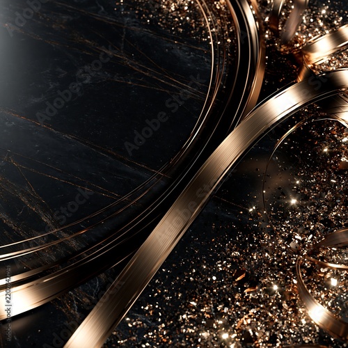 Luxury gold rings and glitter on dark marble background elegant design