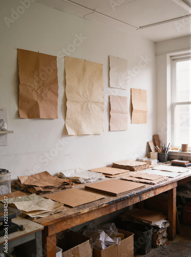 Recycled paper art workbench with paper samples and flattened cardboard, plain paper artworks on the wall