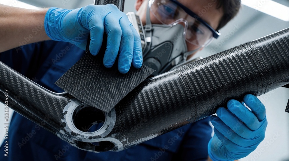 Obraz premium Worker applies carbon fiber material to bicycle frame mold. Technician uses gloves and mask for safety. Precision work in workshop, manufacturing advanced sports equipment.